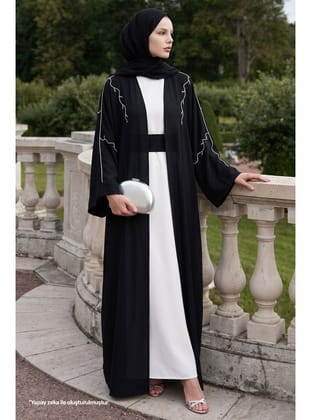 Sarmaşık Desen Taşlı Elbiseli Abaya Siyah