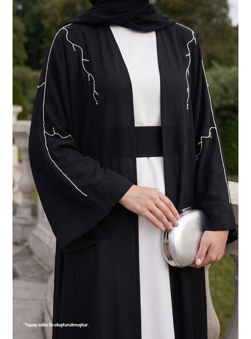Sarmaşık Desen Taşlı Elbiseli Abaya Siyah - Resim 2