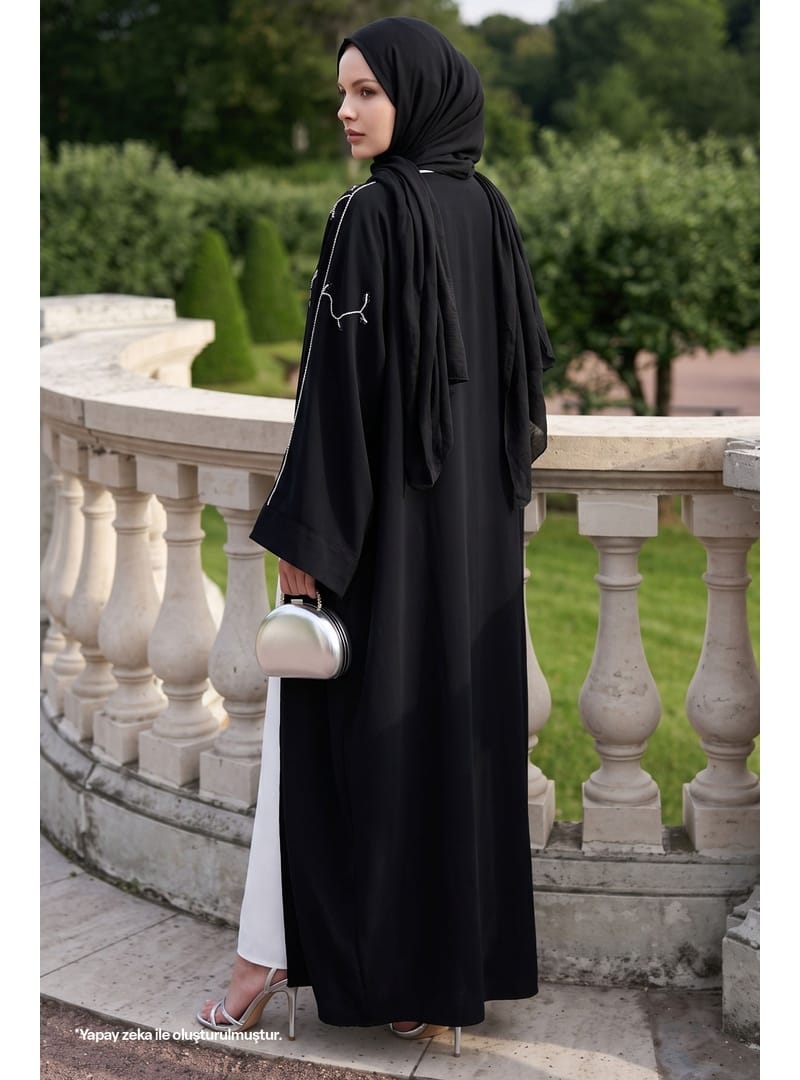 Sarmaşık Desen Taşlı Elbiseli Abaya Siyah - Resim 3