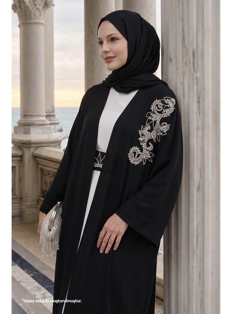 Yakası Taşlı Yarasa Kol Elbiseli Abaya Siyah - Resim 2