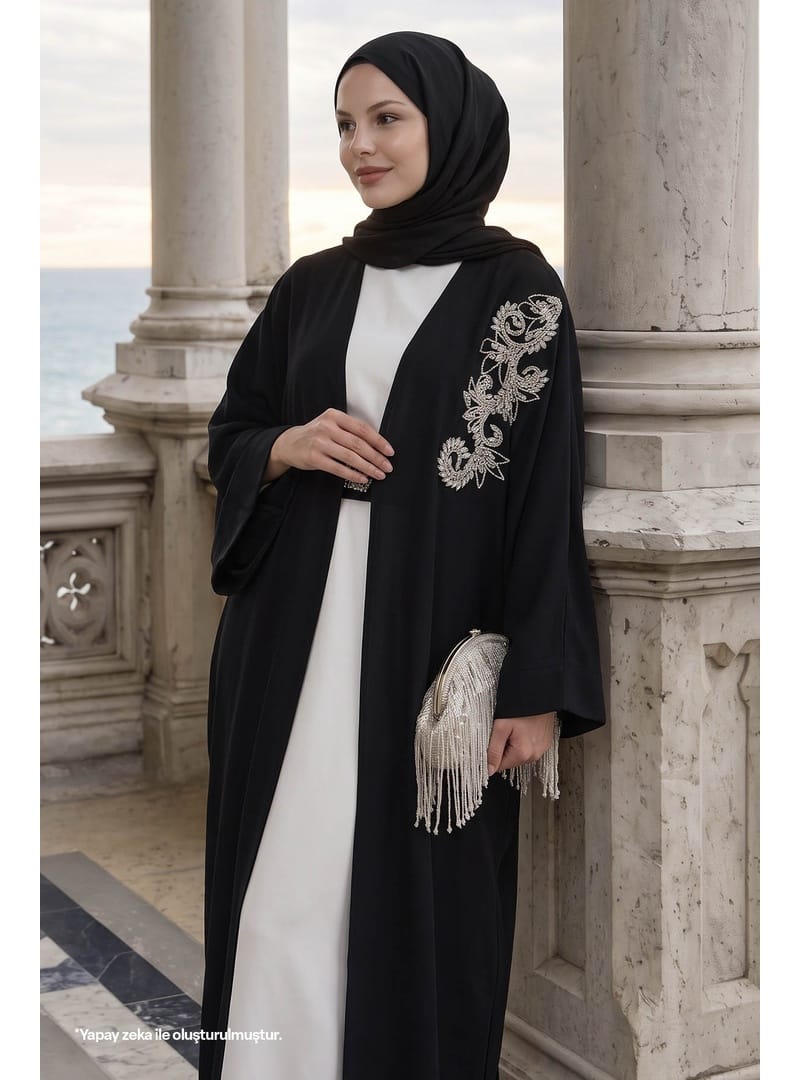 Yakası Taşlı Yarasa Kol Elbiseli Abaya Siyah - Resim 3