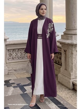 Yakası Taşlı Yarasa Kol Elbiseli Abaya Mor