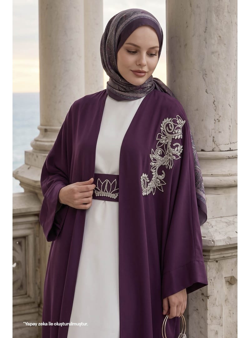 Yakası Taşlı Yarasa Kol Elbiseli Abaya Mor - Resim 2