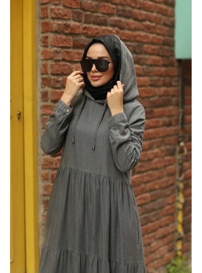 6531-Denim Kapşonlu Reglan Kollu Elbise Gri - Resim 2