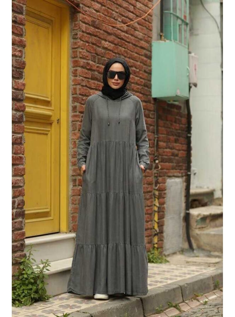 6531-Denim Kapşonlu Reglan Kollu Elbise Gri - Resim 3