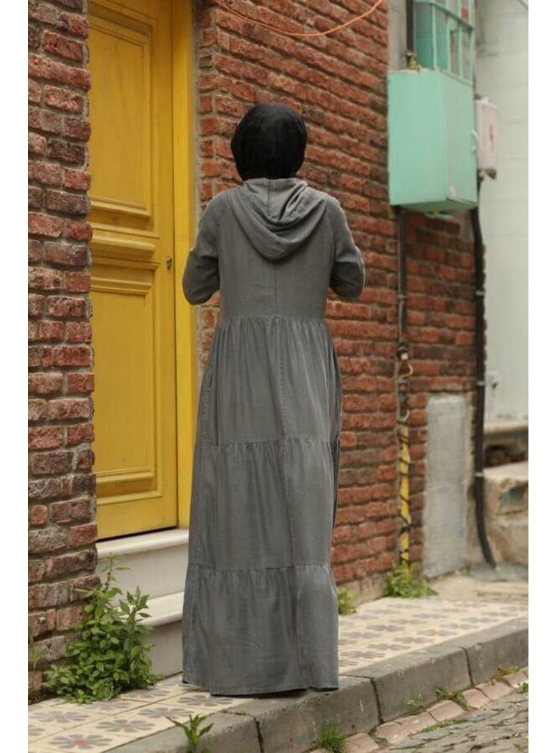 6531-Denim Kapşonlu Reglan Kollu Elbise Gri - Resim 4