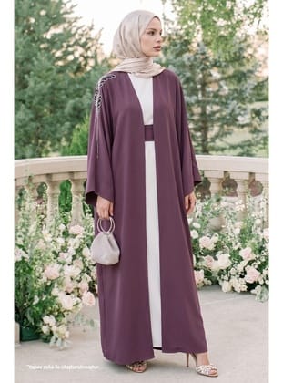 Dökümlü Taşlı Elbiseli Gül Kurusu Abaya
