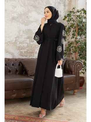 Dökümlü Taşlı Elbiseli Gül Kurusu Abaya - Resim 2