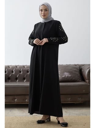 Dökümlü Taşlı Elbiseli Gül Kurusu Abaya - Resim 4