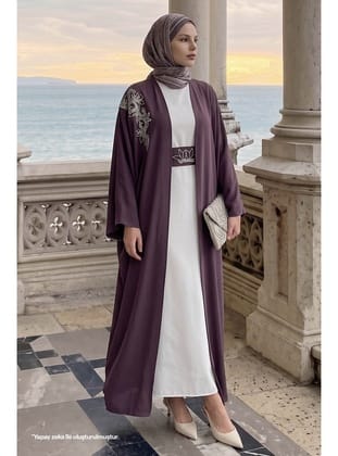 Yakası Taşlı Yarasa Kol Elbiseli Abaya Gül Kurusu