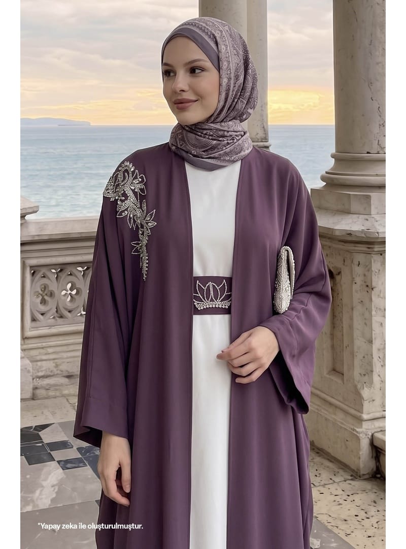 Yakası Taşlı Yarasa Kol Elbiseli Abaya Gül Kurusu - Resim 2