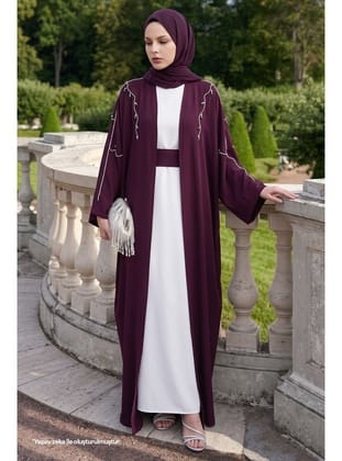 Sarmaşık Desen Taşlı Elbiseli Abaya Mürdüm