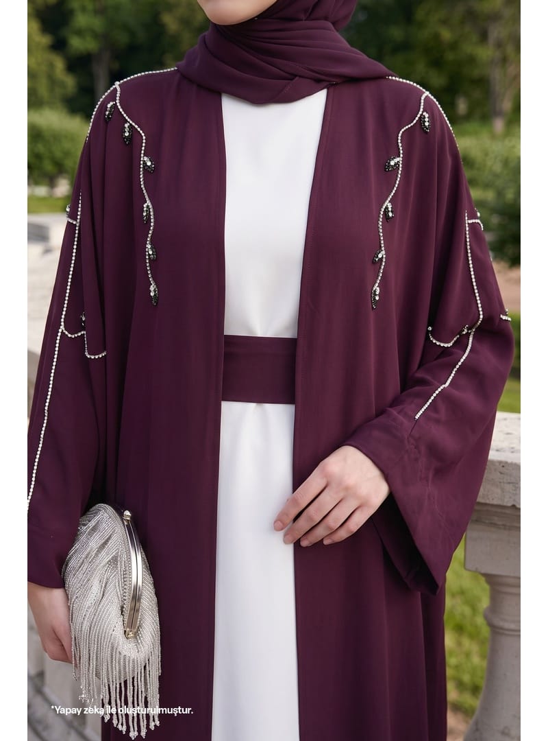 Sarmaşık Desen Taşlı Elbiseli Abaya Mürdüm - Resim 2