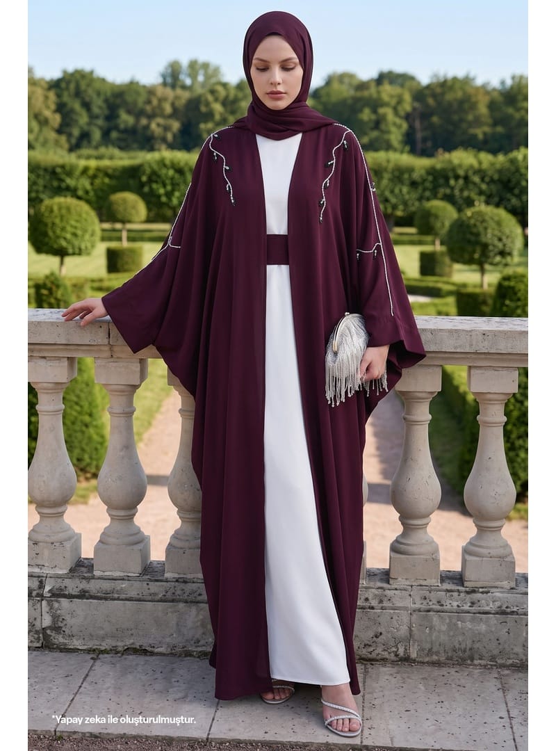 Sarmaşık Desen Taşlı Elbiseli Abaya Mürdüm - Resim 3