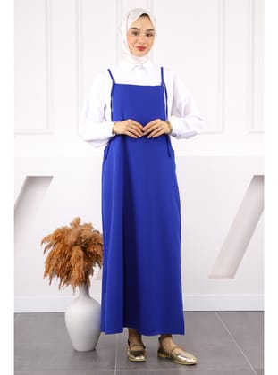 Saks Mavi İp Askılı Jile Elbise