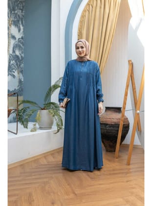 6656-Nevürlü Tensel Elbise Koyu Mavi