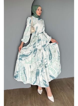 Desenli Tesettür Elbise Çağla 504
