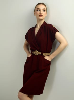 Kadın Torba Cepli Beli Kemerli Elbise - Bordo - By Saygı