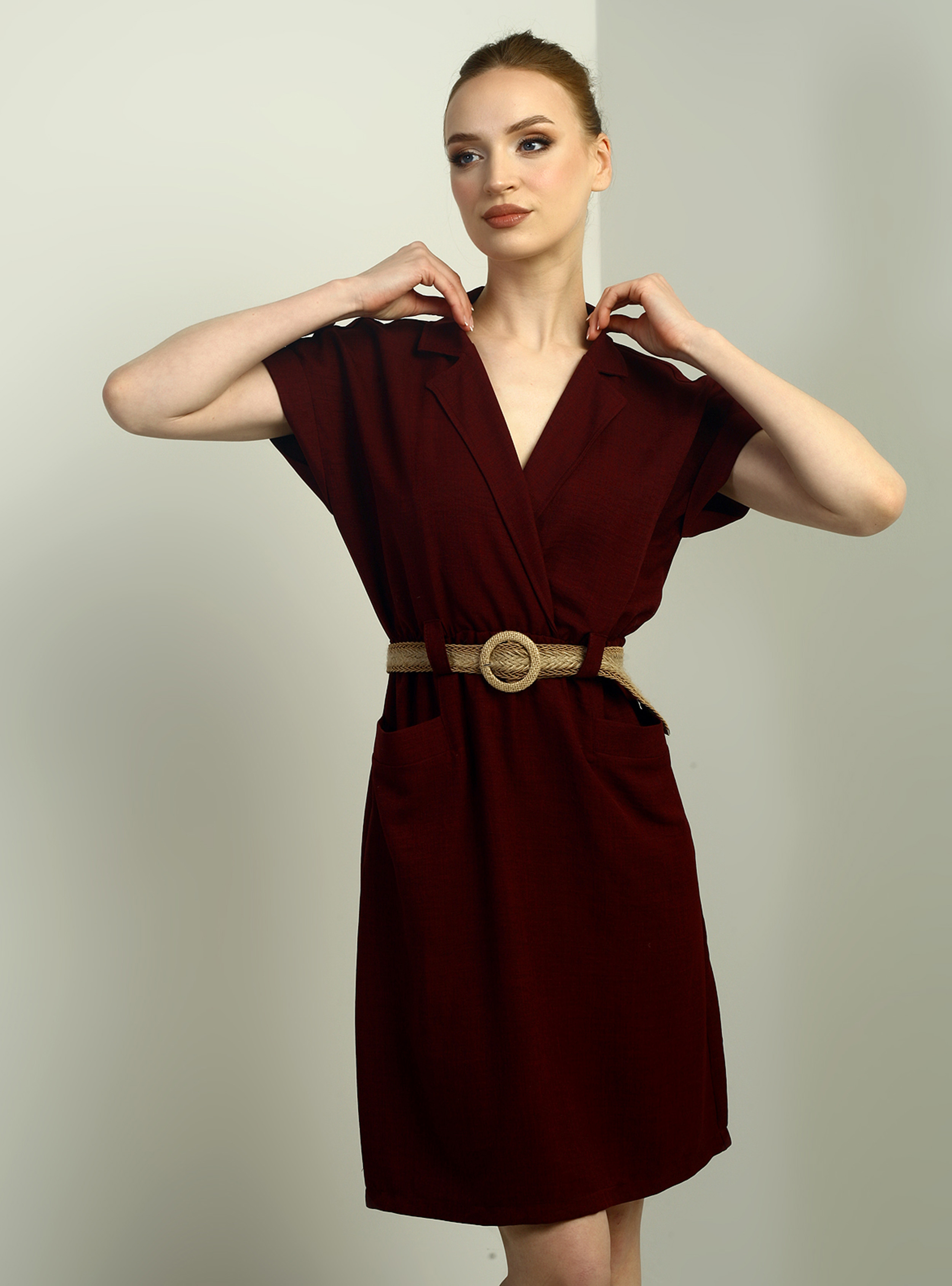 Kadın Torba Cepli Beli Kemerli Elbise - Bordo - By Saygı - Resim 3