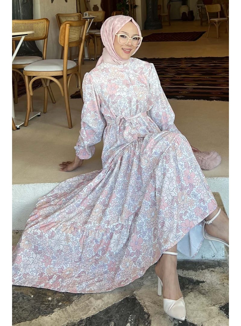 Çiçek Desenli Tesettür Elbise Pudra 502 - Resim 4