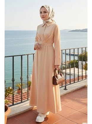 Renda Belden Bağlamalı Elbise 1467 - Taş