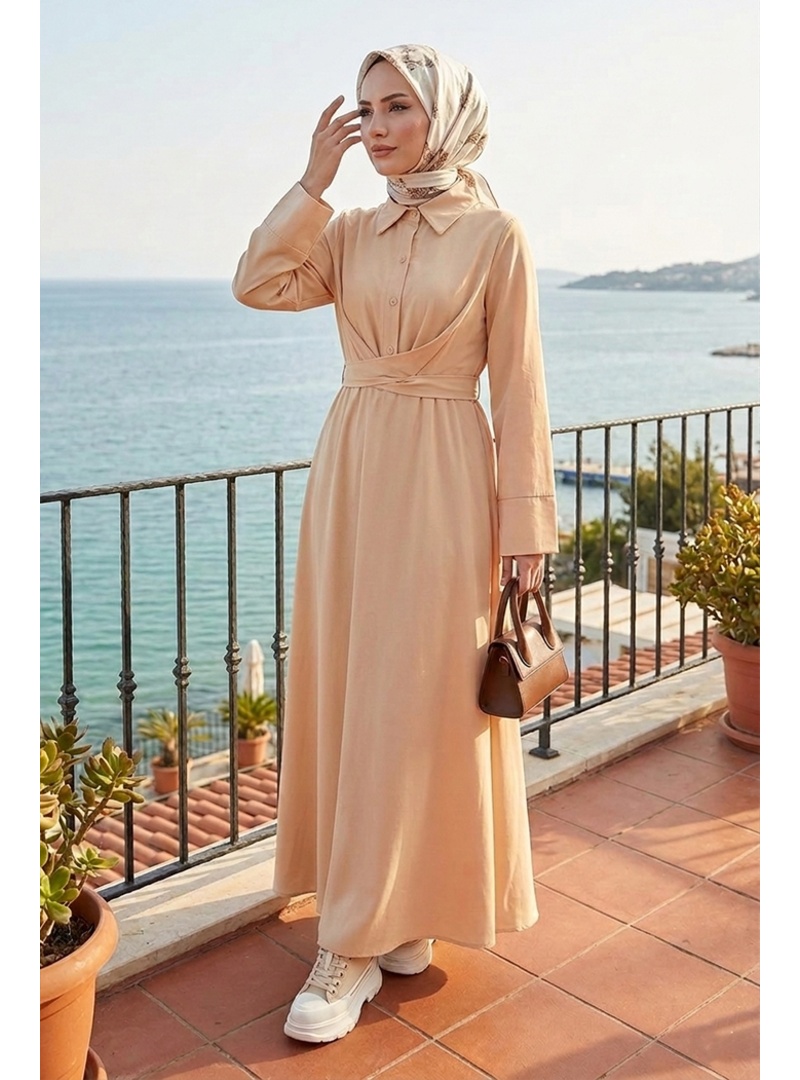 Renda Belden Bağlamalı Elbise 1467 - Taş - Resim 4