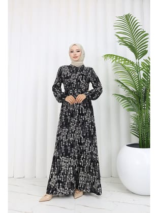 DESENLİ ELBİSE Siyah/Ekru