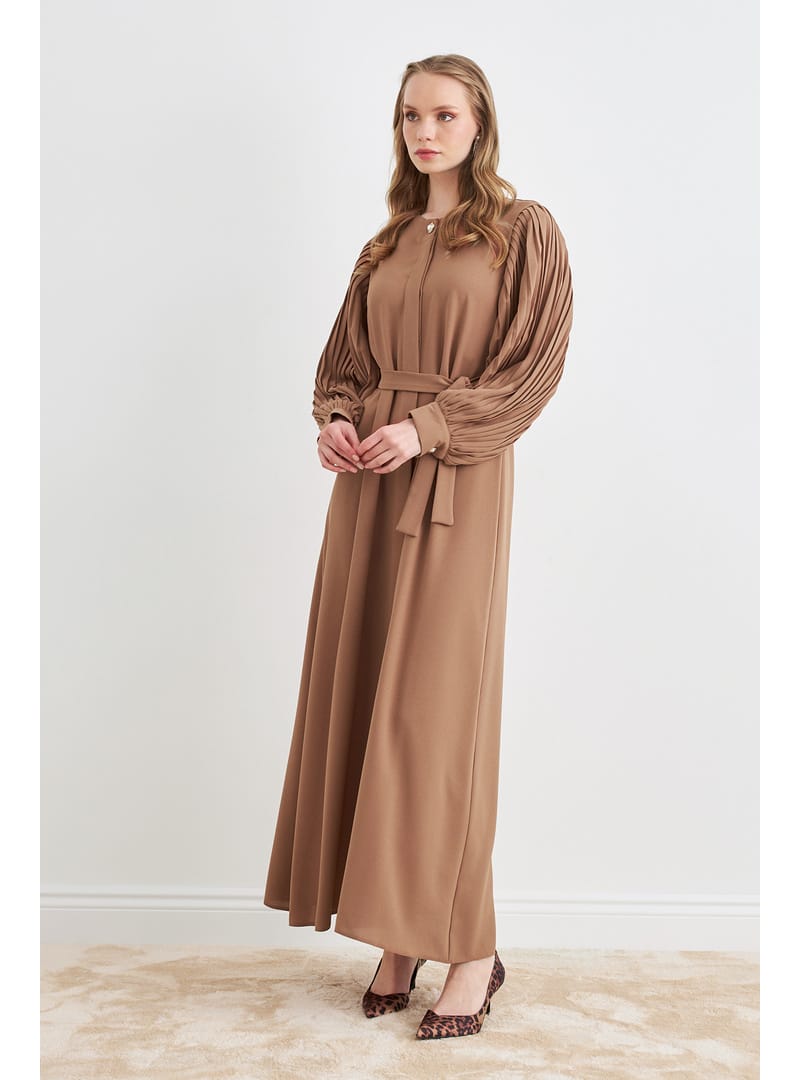 Kolları Piliseli Abaya - Camel - Resim 2