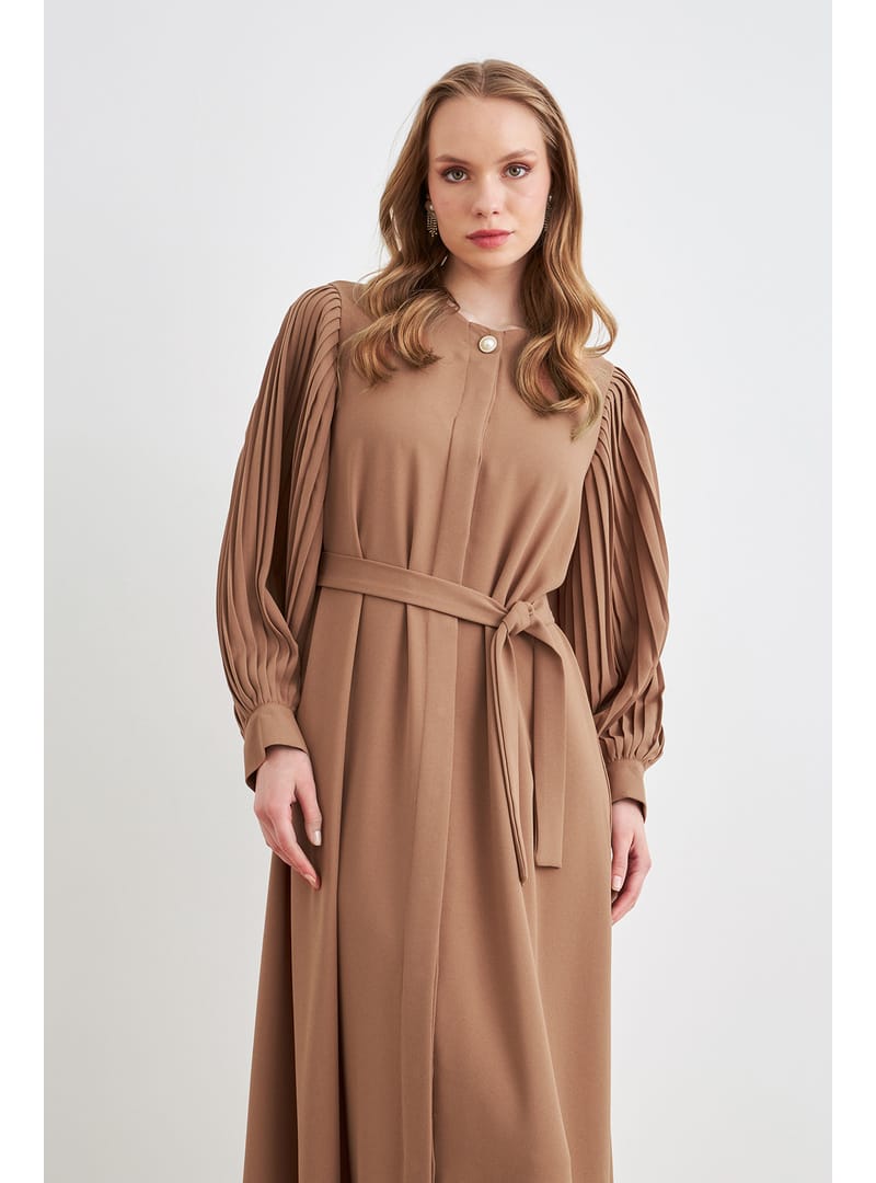 Kolları Piliseli Abaya - Camel - Resim 3