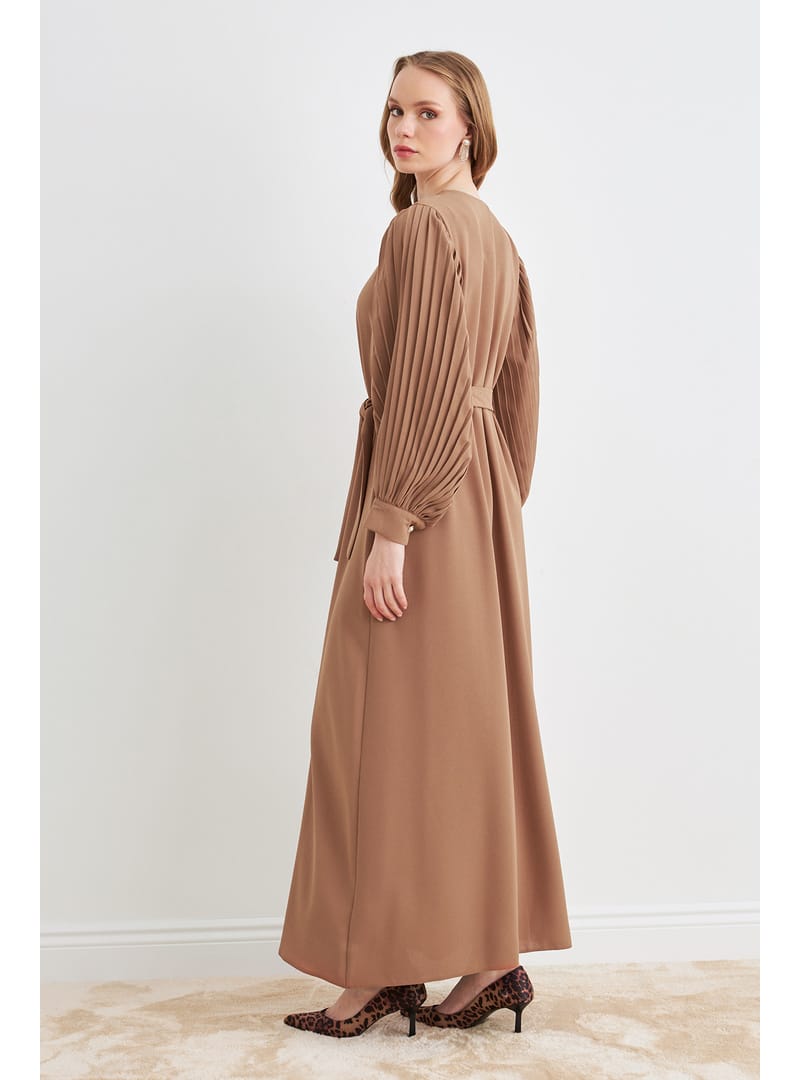 Kolları Piliseli Abaya - Camel - Resim 4