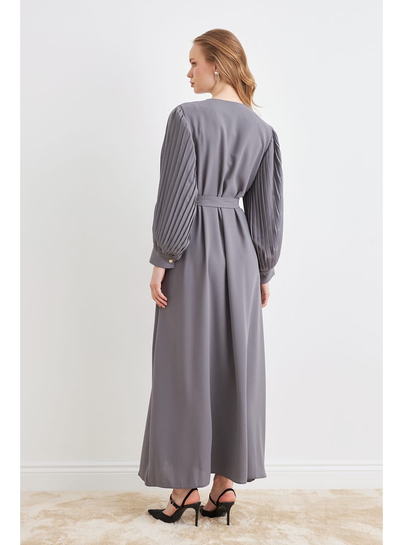 Kolları Piliseli Abaya - Gri - Resim 4
