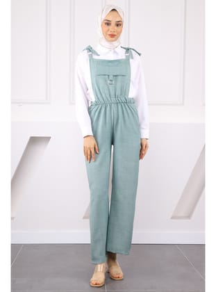 Mint Cep Detaylı Keten Tulum