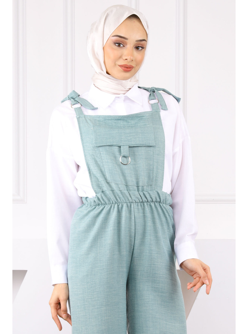 Mint Cep Detaylı Keten Tulum - Resim 4