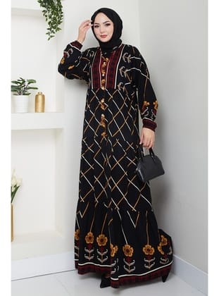 Yarasa Kol Yarım Düğmeli Dokuma Viskon Elbise 1483 - Siyah