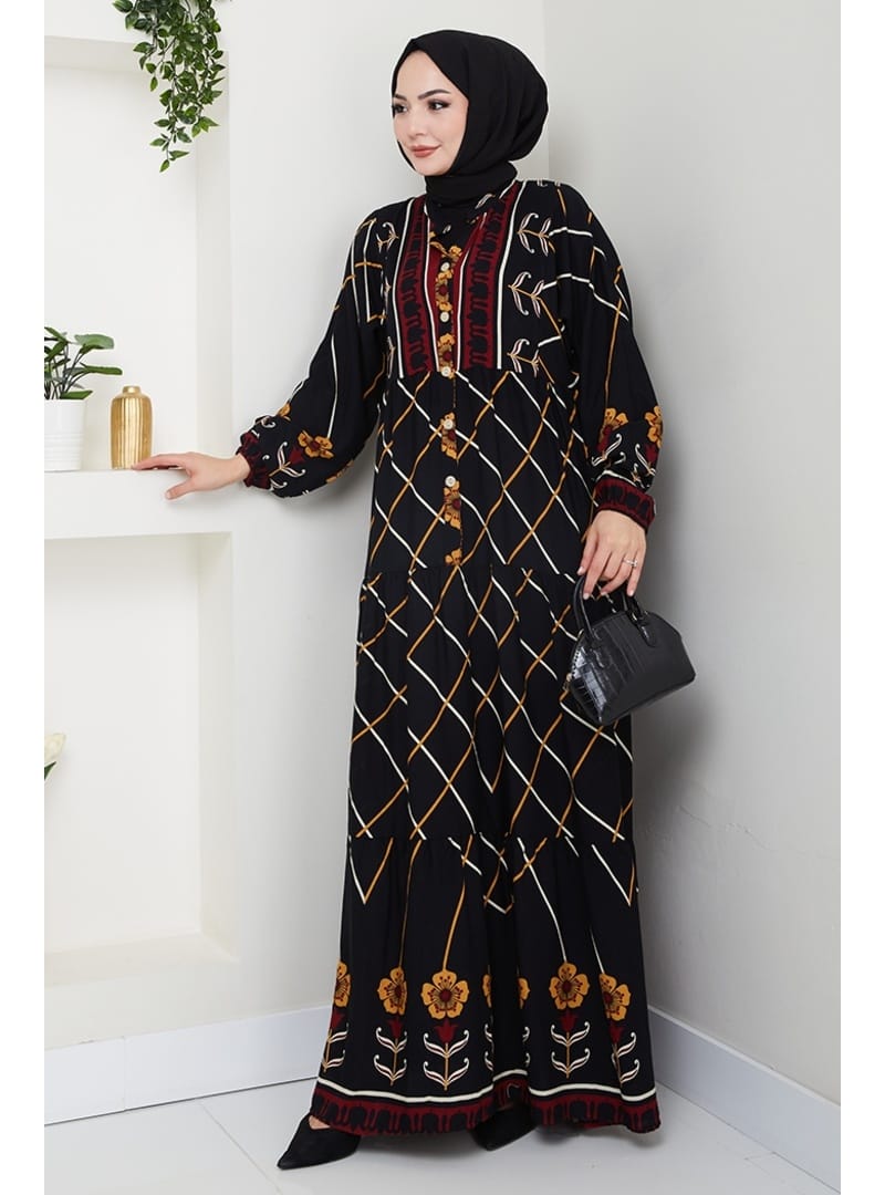 Yarasa Kol Yarım Düğmeli Dokuma Viskon Elbise 1483 - Siyah - Resim 3