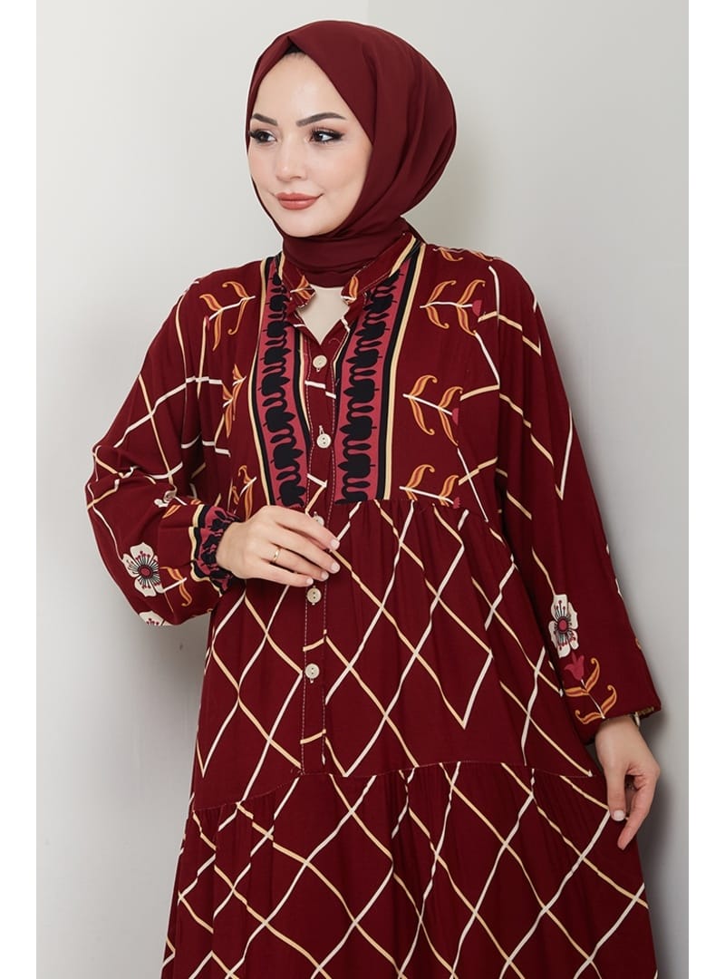Yarasa Kol Yarım Düğmeli Dokuma Viskon Elbise 1483 - Bordo - Resim 2