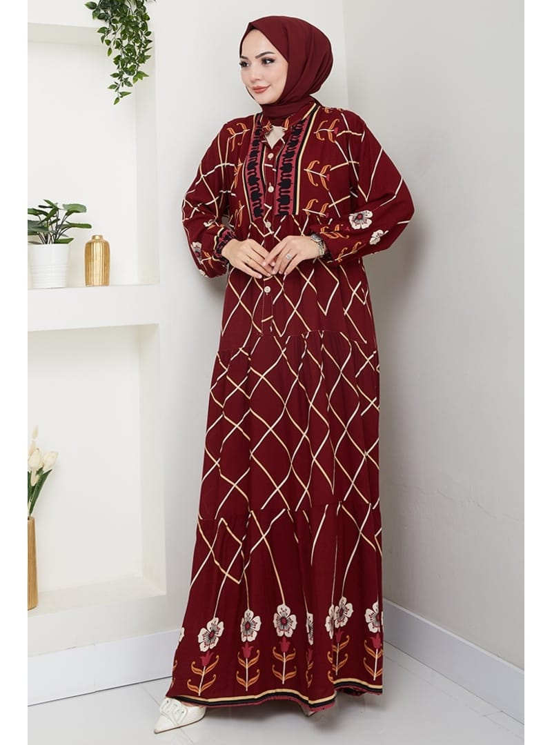 Yarasa Kol Yarım Düğmeli Dokuma Viskon Elbise 1483 - Bordo - Resim 3