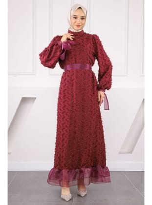 Bordo Kol Bağlamalı Kuşaklı Abiye