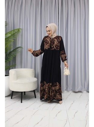 SULU DESEN ELBİSE Siyah/Kahve