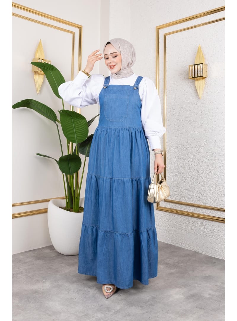 Kadın Askılı Fırfırlı Kot Salopet - Resim 3