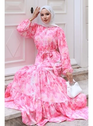 Desenli Tesettür Elbise Pembe 525