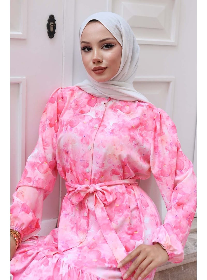 Desenli Tesettür Elbise Pembe 525 - Resim 2