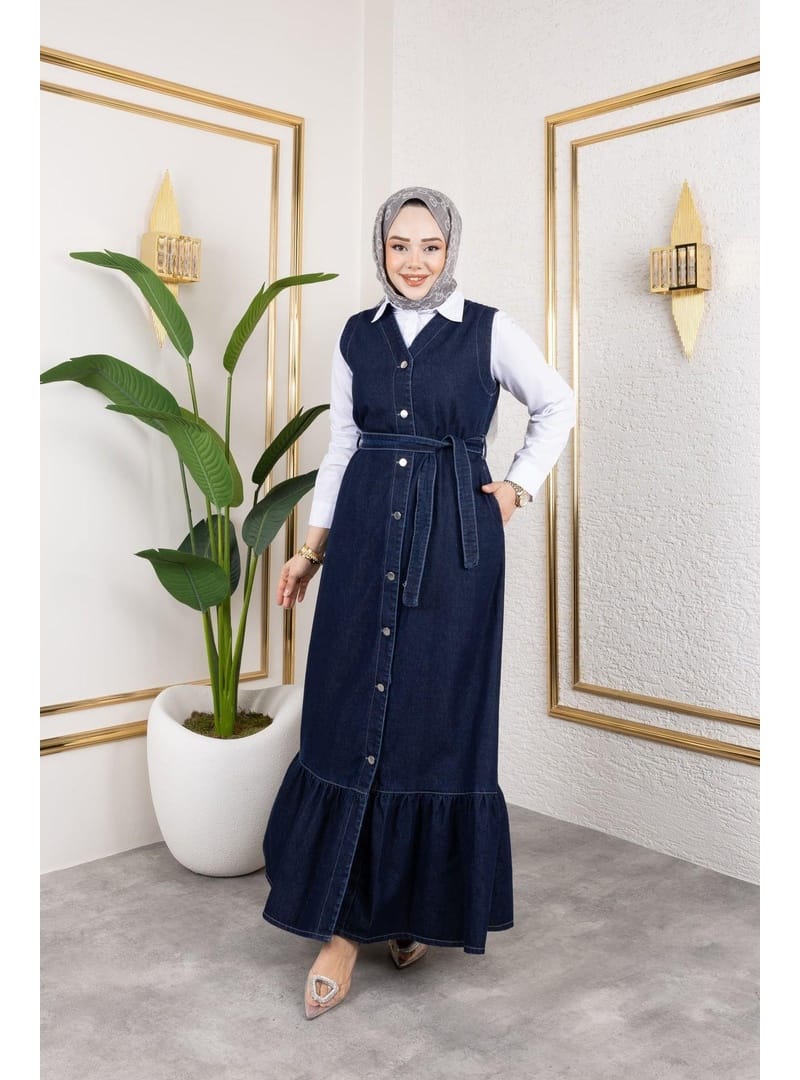 Kadın Düğmeli Kuşaklı Kot Jile - Resim 3