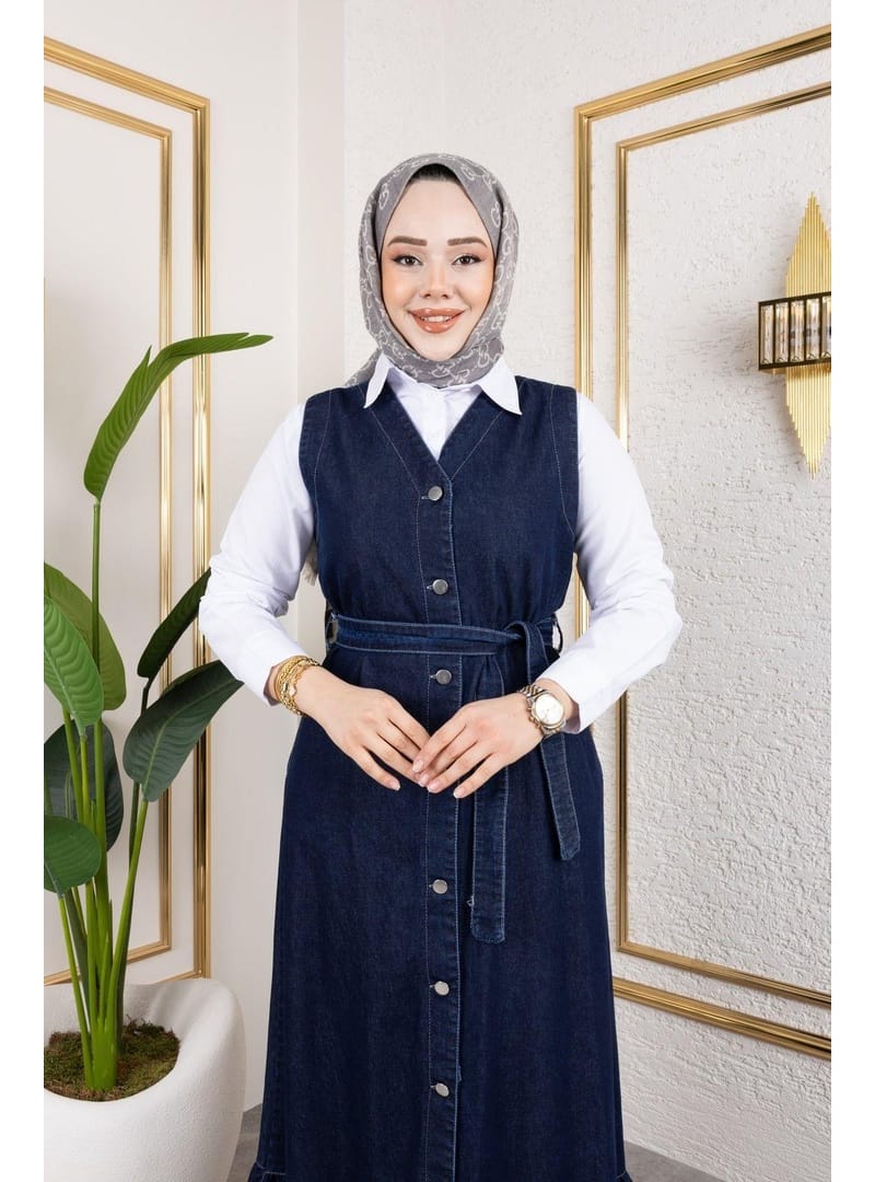 Kadın Düğmeli Kuşaklı Kot Jile - Resim 4