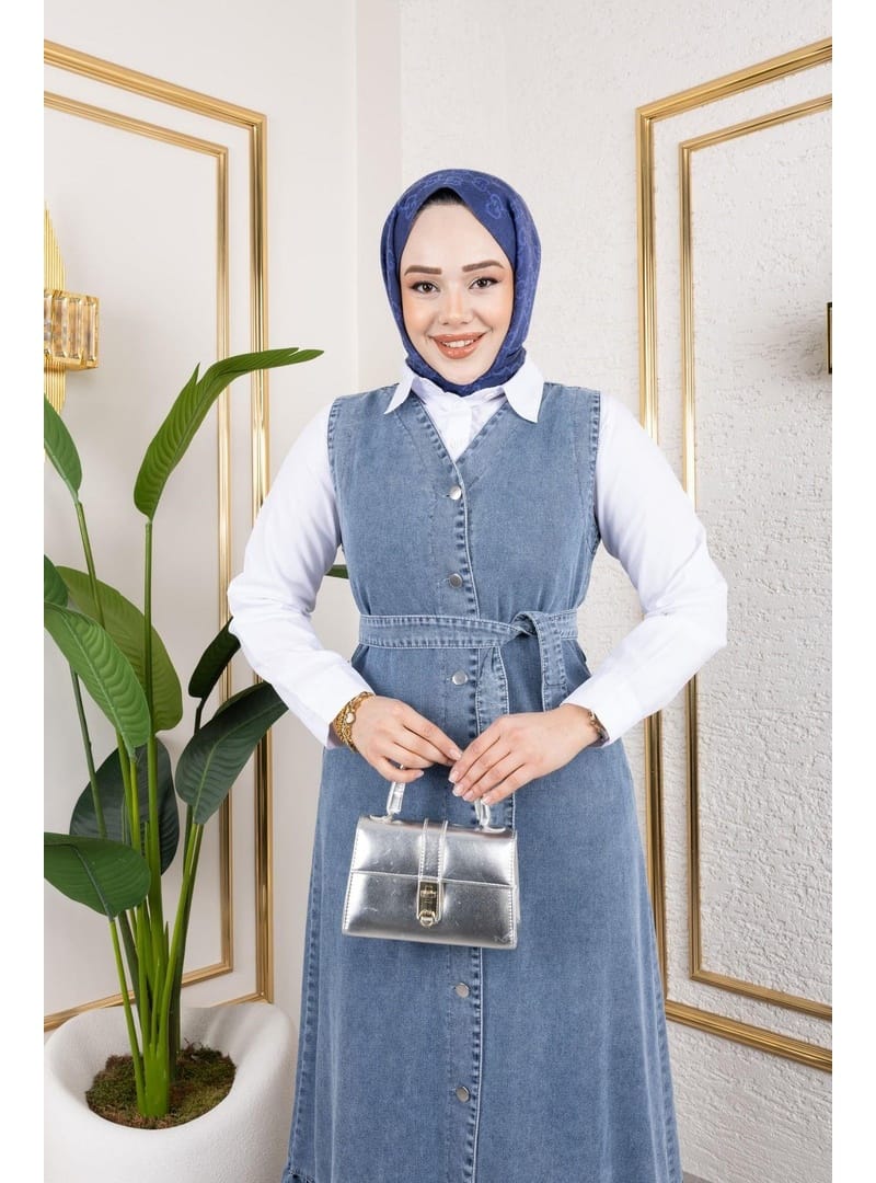 Kadın Düğmeli Kuşaklı Kot Jile - Resim 2