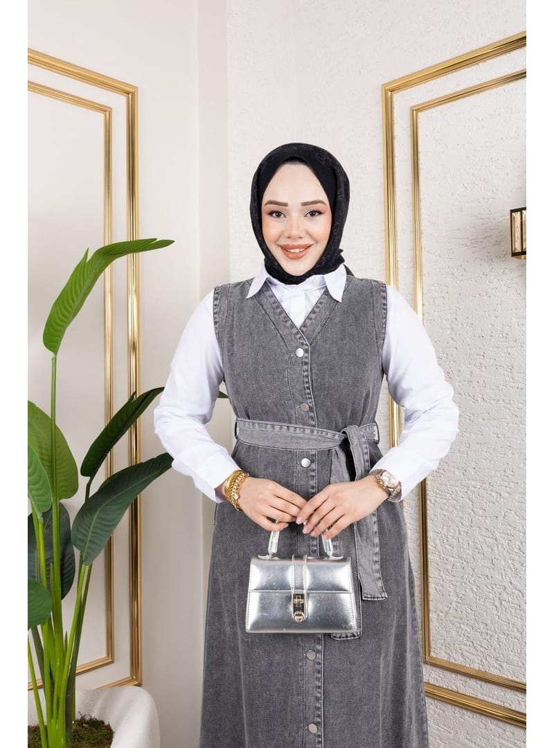 Kadın Düğmeli Kuşaklı Kot Jile - Resim 2