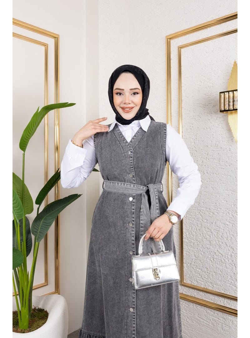 Kadın Düğmeli Kuşaklı Kot Jile - Resim 4