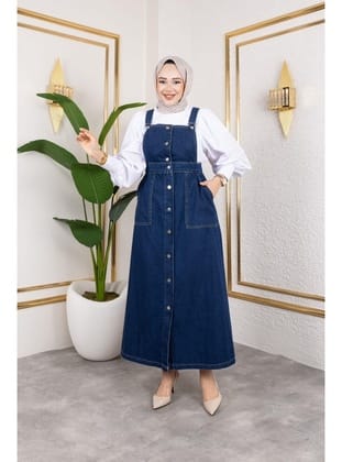 Kadın Askılı Lacivert Kot Salopet