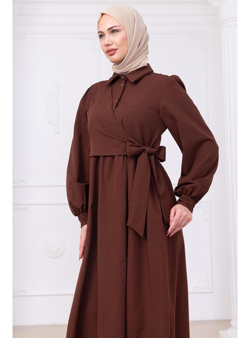 Yandan Bağlamalı Tesettür Elbise Kahverengi HM2753 - Resim 3