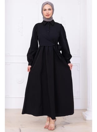 Yandan Bağlamalı Tesettür Elbise Siyah HM2753